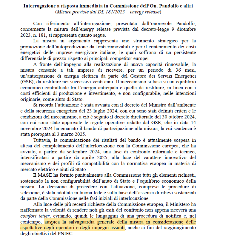 Energy release, Gava (Mase): “auspichiamo salvaguardia della misura”